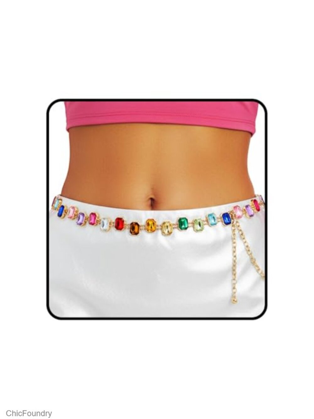 Rhinestone Rainbow Chain Waist Belt Gold Jewelry Women Adjustable Festival